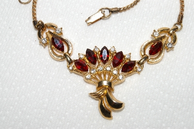 +MBA #E49-112   "Vintage Gold Plated Red & Clear Crystal Rhinestone Chocker"
