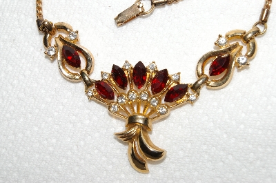 +MBA #E49-112   "Vintage Gold Plated Red & Clear Crystal Rhinestone Chocker"