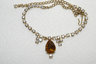 +MBA #E49-148   " 14" Vintage Goldtone Citrine Colored Center Stone & Clear Rhinestone Choker"