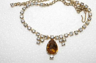 +MBA #E49-148   " 14" Vintage Goldtone Citrine Colored Center Stone & Clear Rhinestone Choker"