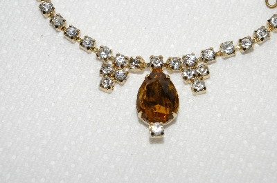 +MBA #E49-148   " 14" Vintage Goldtone Citrine Colored Center Stone & Clear Rhinestone Choker"