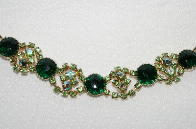 +MBA #E49-101   "Vintage Goldtone DK Green Glass & AB Crystal Rhinestone Bracelet"