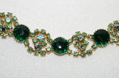 +MBA #E49-101   "Vintage Goldtone DK Green Glass & AB Crystal Rhinestone Bracelet"