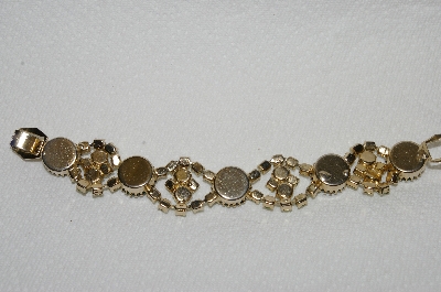 +MBA #E49-101   "Vintage Goldtone DK Green Glass & AB Crystal Rhinestone Bracelet"