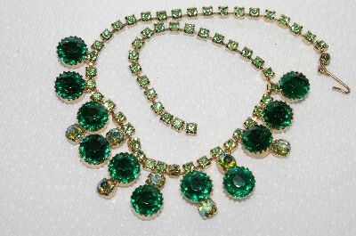 +MBA #E49-095   "Vintage Goldtone Dark Green Glass Stone & Green AB Crystal Rhinestone Choker"
