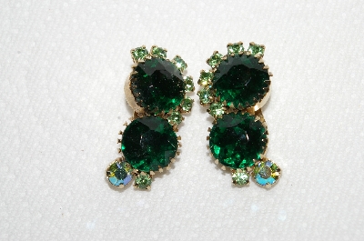 +MBA #E49-103   "Vintage Gold Tone Green Glass & Green AB Crystal Rhinestone Clip On Earrings"