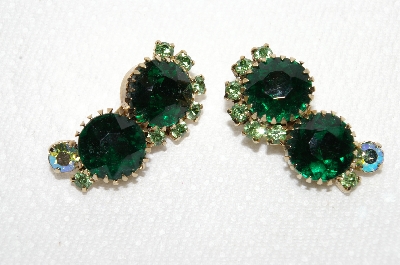 +MBA #E49-103   "Vintage Gold Tone Green Glass & Green AB Crystal Rhinestone Clip On Earrings"