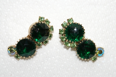 +MBA #E49-103   "Vintage Gold Tone Green Glass & Green AB Crystal Rhinestone Clip On Earrings"