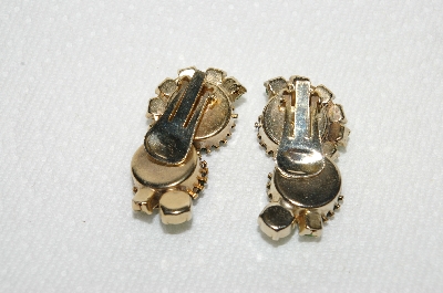 +MBA #E49-103   "Vintage Gold Tone Green Glass & Green AB Crystal Rhinestone Clip On Earrings"