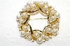 **MBA #E49-132   "Vintage Gold Tone Fancy Faux Pearl & Clear Rhinestone Pin"