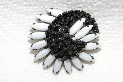 +MBA #E49-028    "Vintage White Milk Glass & Black Rhinestone Pin"