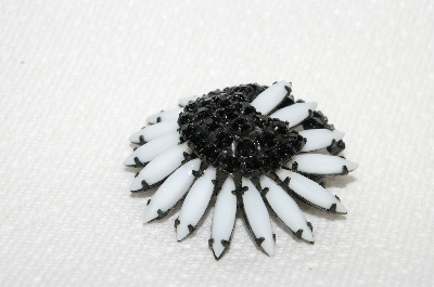 +MBA #E49-028    "Vintage White Milk Glass & Black Rhinestone Pin"