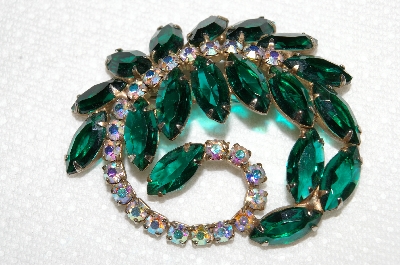 **MBA #E50-058   "Vintage Gold Tone Green & AB Crystal Rhinestone Brooch"