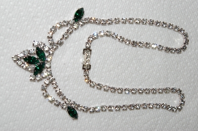 +MBA #E50-020   "Vintage Silvertone Green & Clear Crystal Rhinestone Choker" 