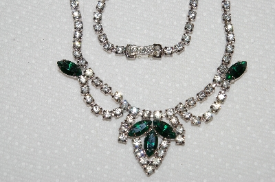 +MBA #E50-020   "Vintage Silvertone Green & Clear Crystal Rhinestone Choker" 