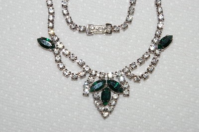 +MBA #E50-020   "Vintage Silvertone Green & Clear Crystal Rhinestone Choker" 