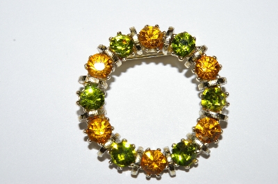 **MBA #E50-186   "Vintage Gold Tone Green & Citrine Colored Crystal Rhinestone Pin"