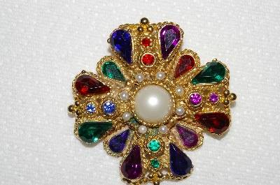 **MBA #E50-111    "Vintage Large Goldtone Multi Colored Acrylic Stone & Faux Pearl Brooch"