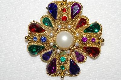**MBA #E50-111    "Vintage Large Goldtone Multi Colored Acrylic Stone & Faux Pearl Brooch"