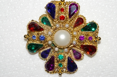 **MBA #E50-111    "Vintage Large Goldtone Multi Colored Acrylic Stone & Faux Pearl Brooch"