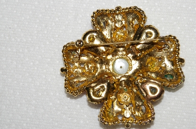 **MBA #E50-111    "Vintage Large Goldtone Multi Colored Acrylic Stone & Faux Pearl Brooch"