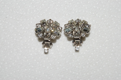 +MBA #E50-070   "Vintage Silvertone Fancy Clear Crystal Rhinestone Clip On Earrings"