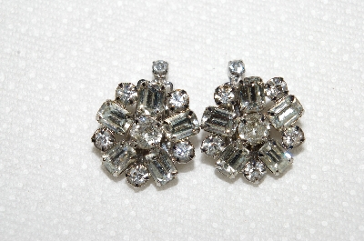 +MBA #E50-070   "Vintage Silvertone Fancy Clear Crystal Rhinestone Clip On Earrings"