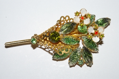 **MBA #E50-174   "Vintage Gold Tone Art Glass & Rhinestone Flower Pin"