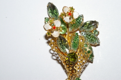 **MBA #E50-174   "Vintage Gold Tone Art Glass & Rhinestone Flower Pin"