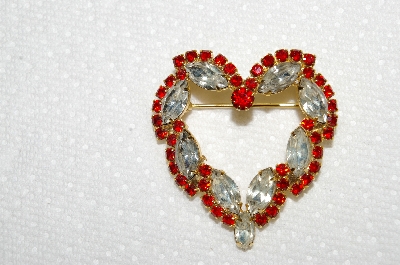 **MBA #E50-136   "Vintage Gold Tone Red & Clear Crystal  Rhinestone Heart Pin"