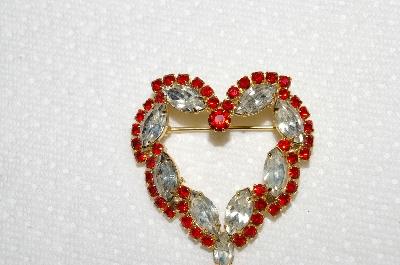 **MBA #E50-136   "Vintage Gold Tone Red & Clear Crystal  Rhinestone Heart Pin"