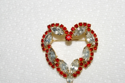 **MBA #E50-136   "Vintage Gold Tone Red & Clear Crystal  Rhinestone Heart Pin"