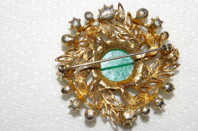 **MBA #E50-164   "Vintage Gold Tone Green & Clear Rhinestone Pin"