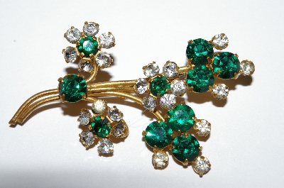 **MBA #E50-180   "Vintage Gold Tone Green & Clear Rhinestone Flower Pin"