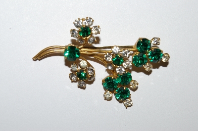 **MBA #E50-180   "Vintage Gold Tone Green & Clear Rhinestone Flower Pin"