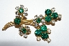 **MBA #E50-180   "Vintage Gold Tone Green & Clear Rhinestone Flower Pin"