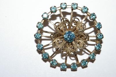 **MBA #E50-170   "Vintage Golt Tone Blue Rhinstone Filigree Pin"