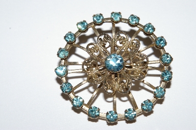 **MBA #E50-170   "Vintage Golt Tone Blue Rhinstone Filigree Pin"