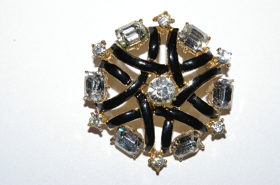 **MBA #E50-202   "Vintage Gold Plated Black Enamel & Clear Crystal Rhinestone Fancy Pin"