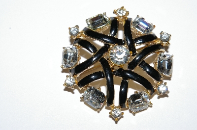 **MBA #E50-202   "Vintage Gold Plated Black Enamel & Clear Crystal Rhinestone Fancy Pin"