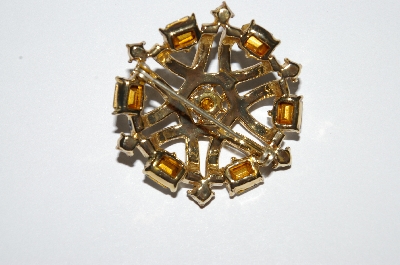 **MBA #E50-202   "Vintage Gold Plated Black Enamel & Clear Crystal Rhinestone Fancy Pin"