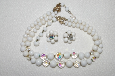 +MBA #E50-003   "Laguna Milk Glass & AB Crystal Bead Necklace & Earring Set"