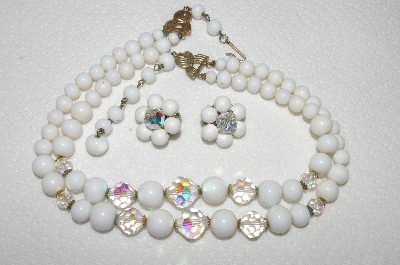 +MBA #E50-003   "Laguna Milk Glass & AB Crystal Bead Necklace & Earring Set"