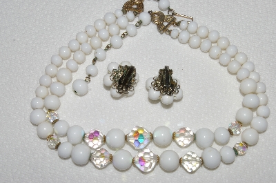 +MBA #E50-003   "Laguna Milk Glass & AB Crystal Bead Necklace & Earring Set"