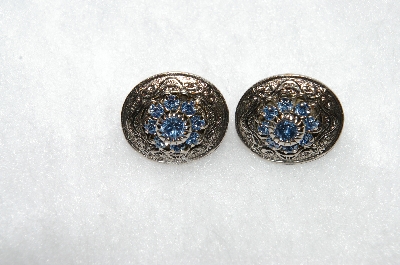+MBA #E50-368   "Vintage Antiqued Silvertone Blue Crystal Rhinestone Ovel Clip On Earrings"