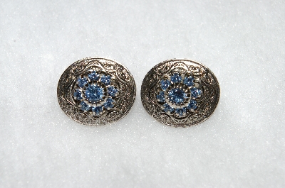 +MBA #E50-368   "Vintage Antiqued Silvertone Blue Crystal Rhinestone Ovel Clip On Earrings"