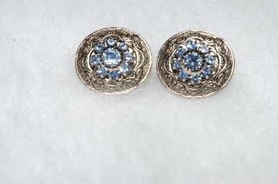 +MBA #E50-368   "Vintage Antiqued Silvertone Blue Crystal Rhinestone Ovel Clip On Earrings"
