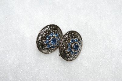 +MBA #E50-368   "Vintage Antiqued Silvertone Blue Crystal Rhinestone Ovel Clip On Earrings"