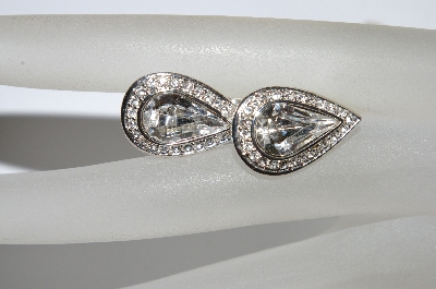 +MBA #E50-047  Vintage Silverplated Pear Shaped Clear Crystal Rhinestone Earrings"