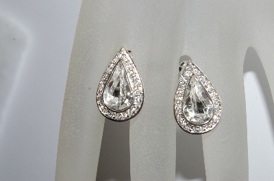 +MBA #E50-047  Vintage Silverplated Pear Shaped Clear Crystal Rhinestone Earrings"